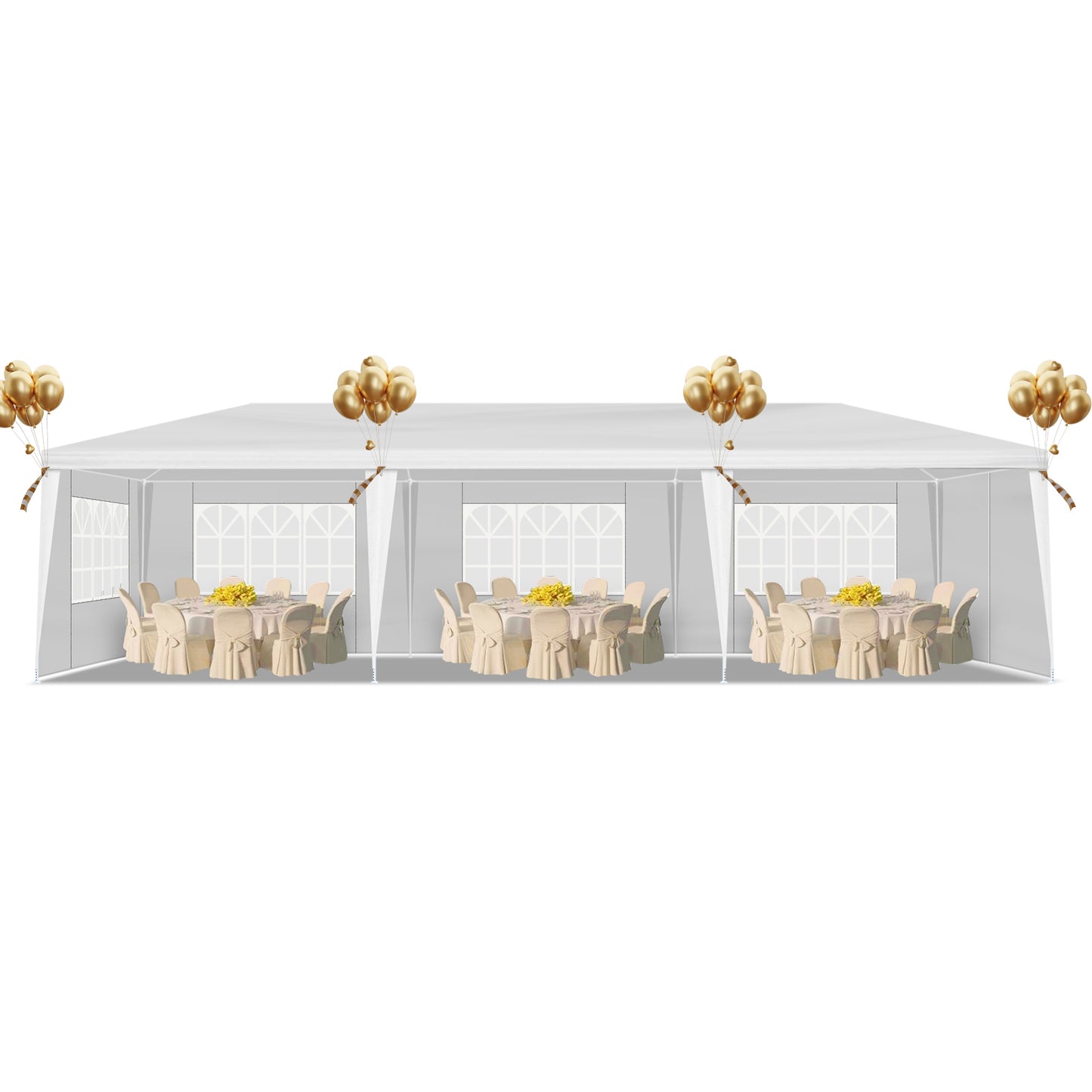 Transparent outdoor canopy tent with decorative gold elements on a white background