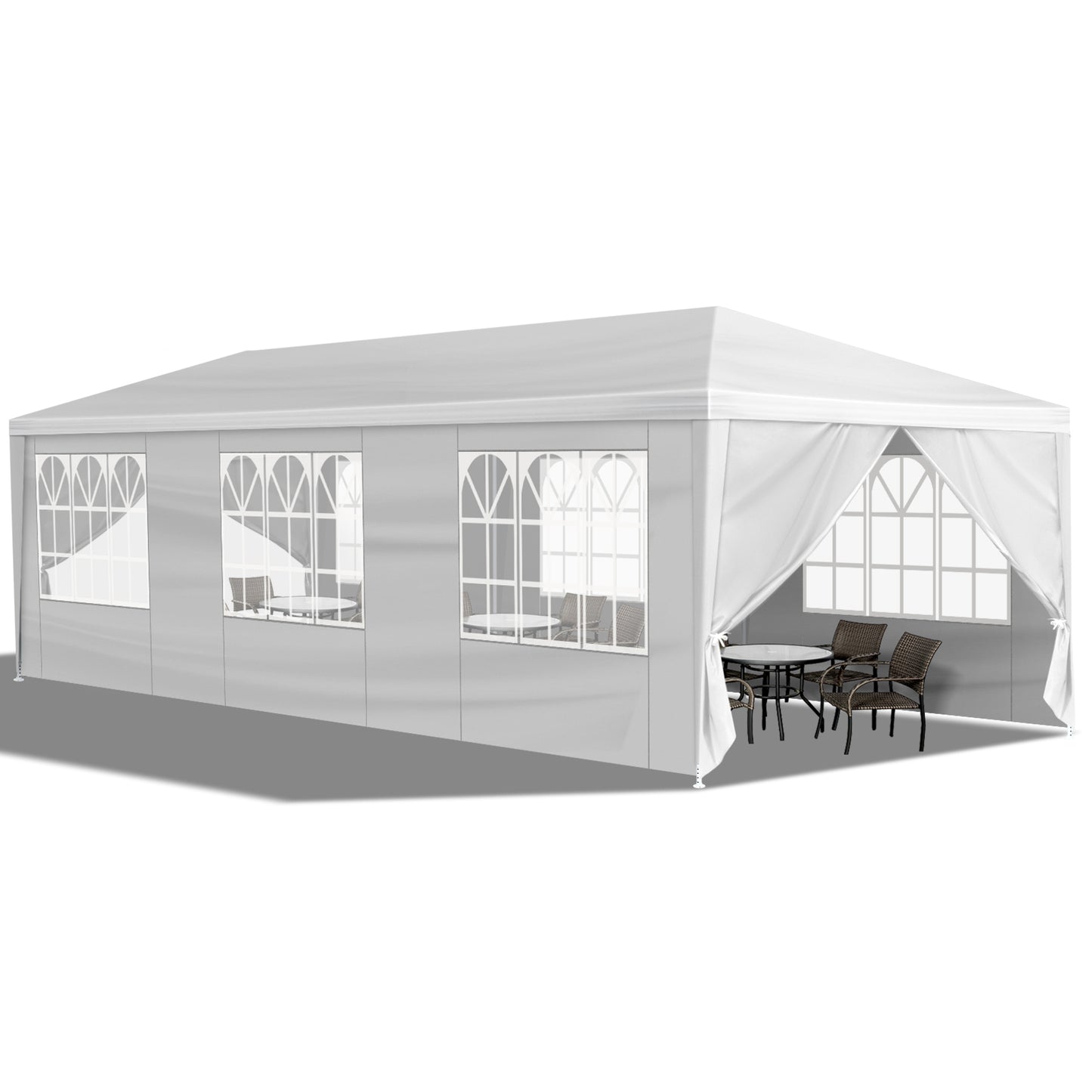 White outdoor canopy tent with curtains, table, and chairs inside on a white background