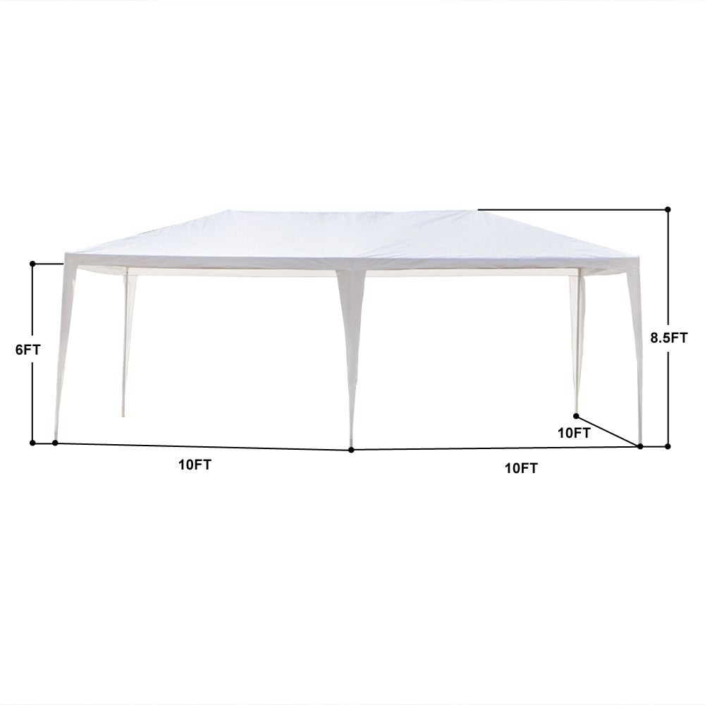 White outdoor canopy tent with dimensions on a white background