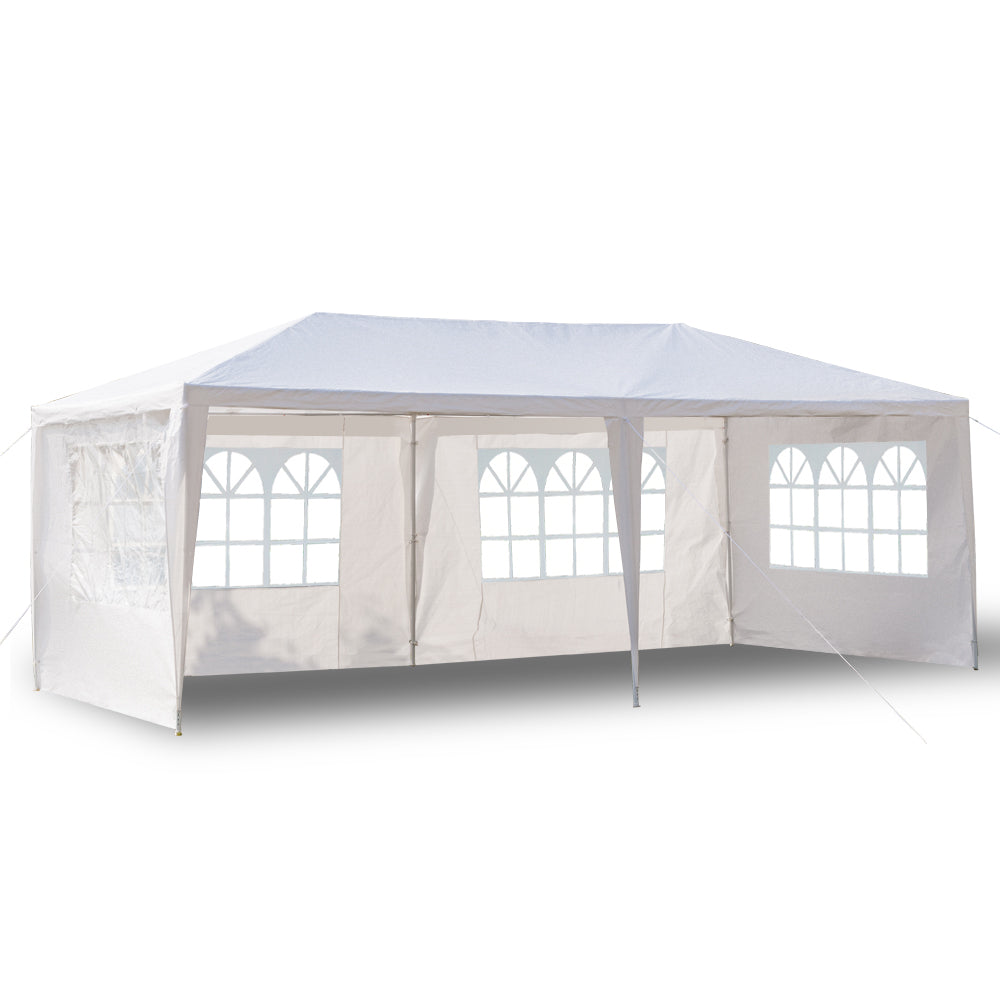 White outdoor canopy tent with side panels on a white background