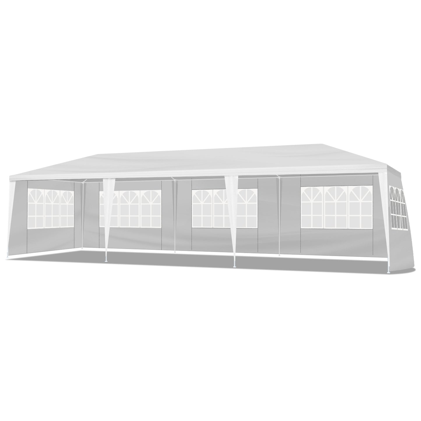 White outdoor canopy tent with transparent side panels on a white background