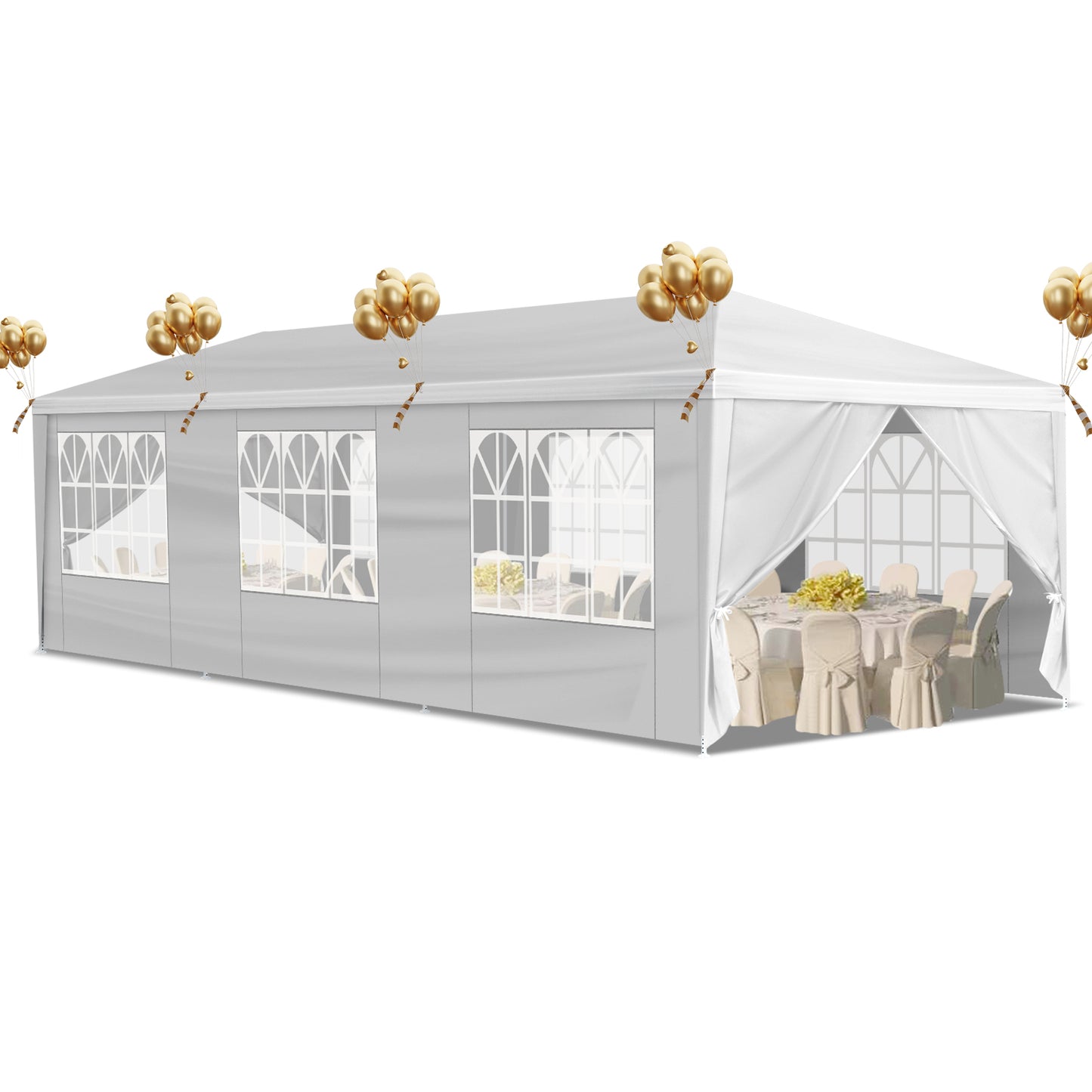 White party tent with gold balloons and tables inside on a white background