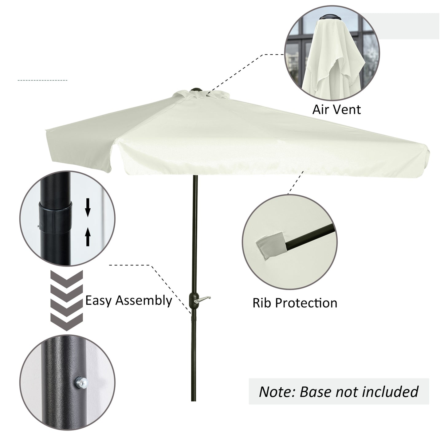 White patio umbrella with features highlighted on a white background