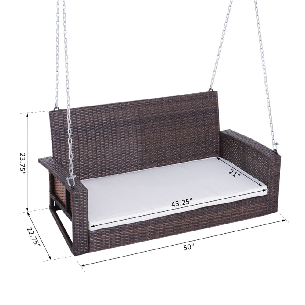 Wicker garden swing with dimensions on a white background
