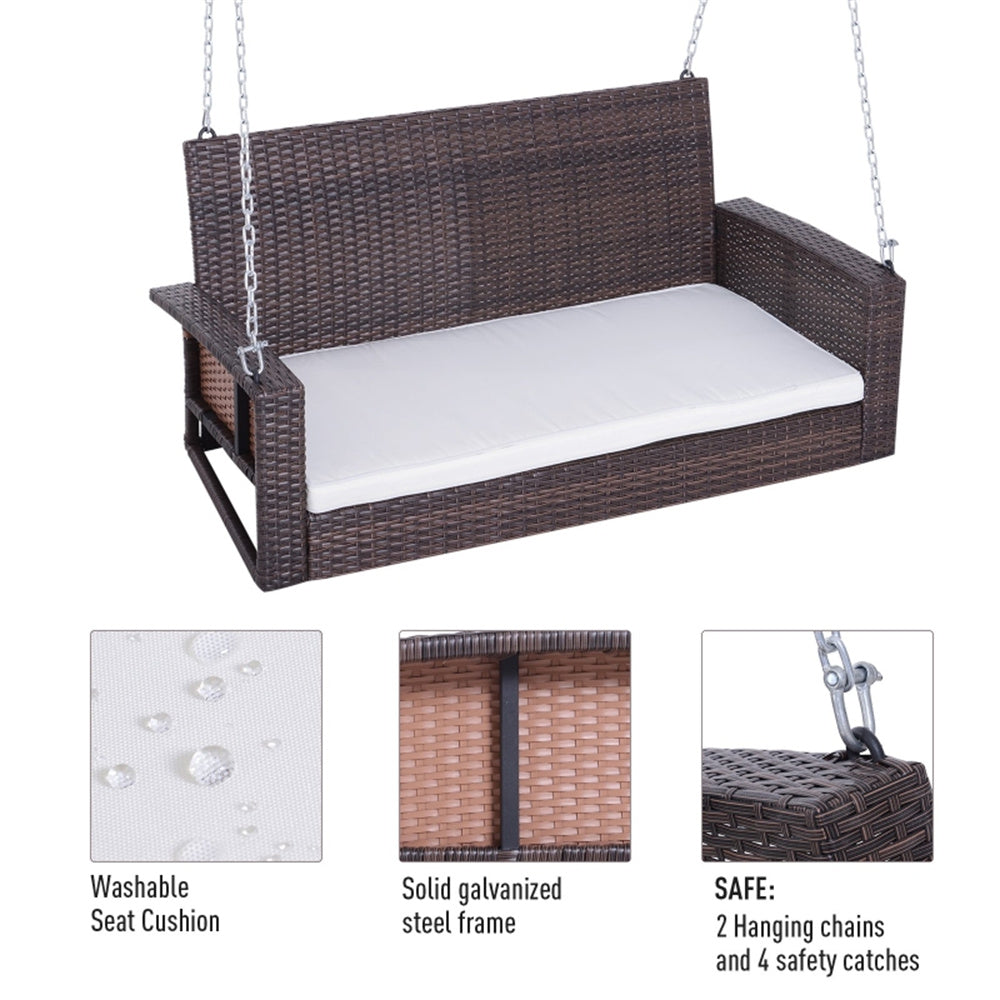 Wicker swing bench with cushion on a white background, featuring washable seat cushion, solid frame, and safety features.