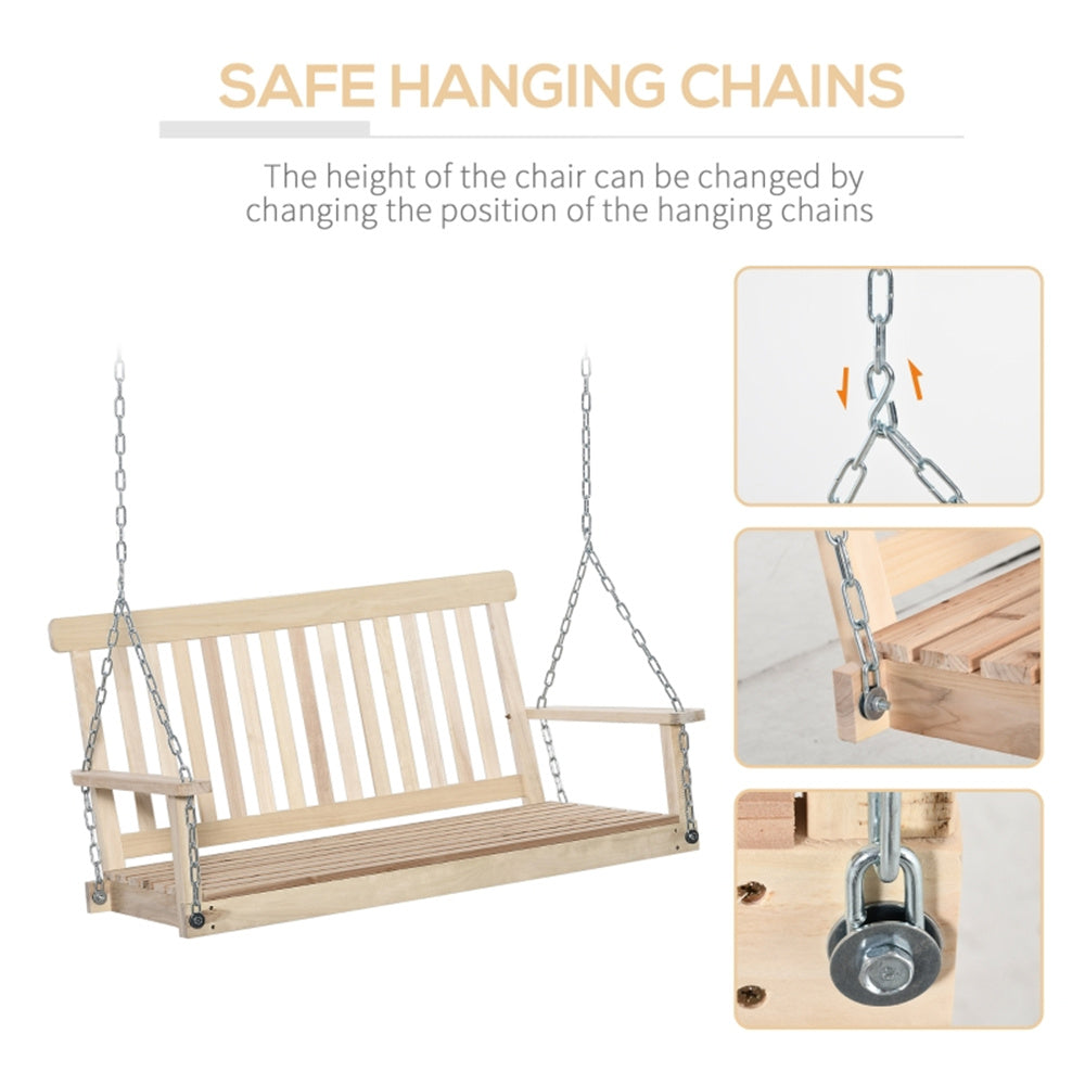 Wooden hanging chair with instructions on height adjustment using hanging chains.