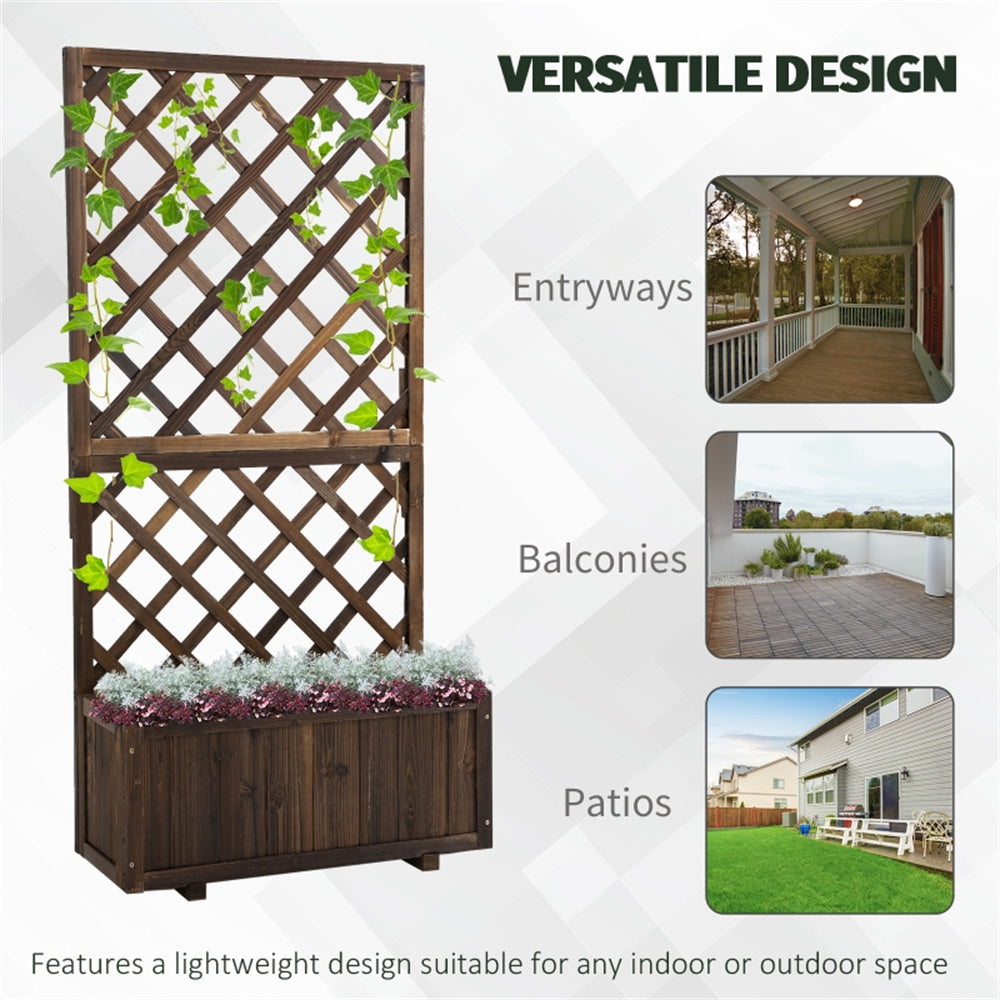 Wooden lattice planter with greenery, suitable for entryways, balconies, and patios.
