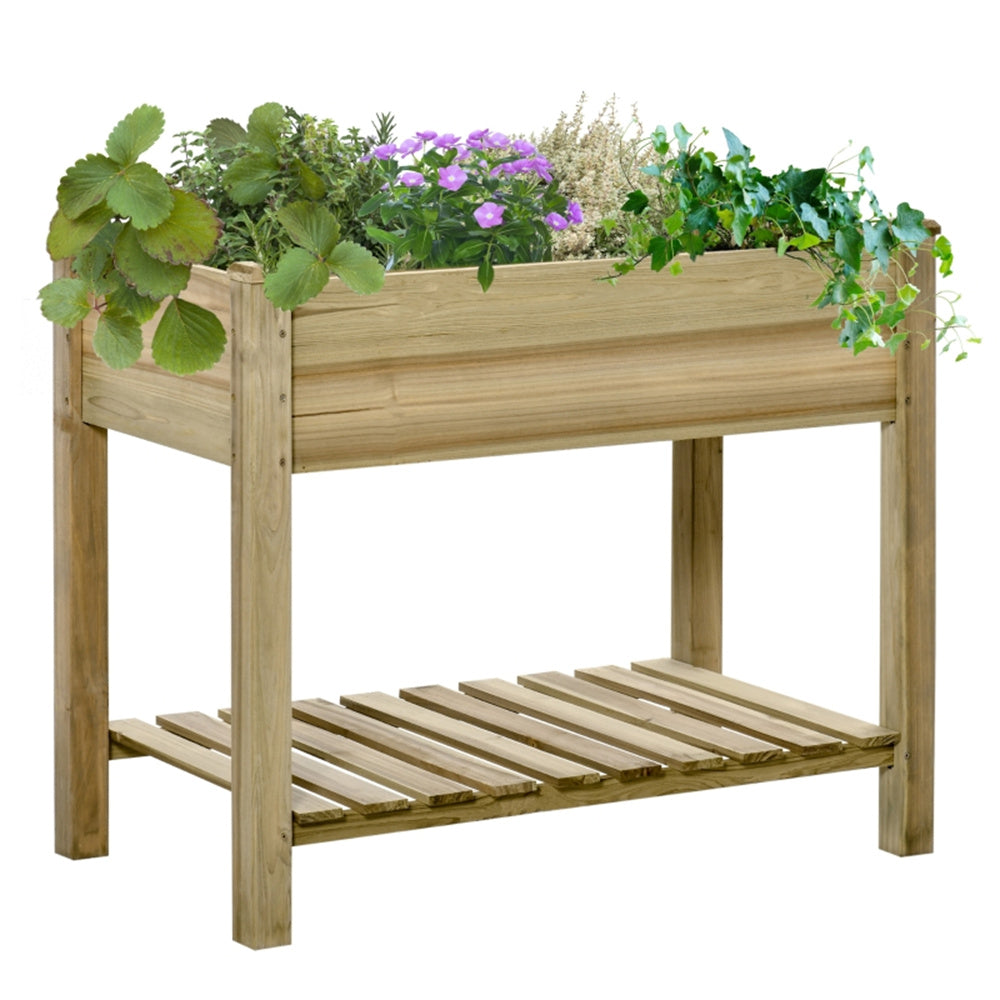 Wooden raised garden bed with plants on a white background