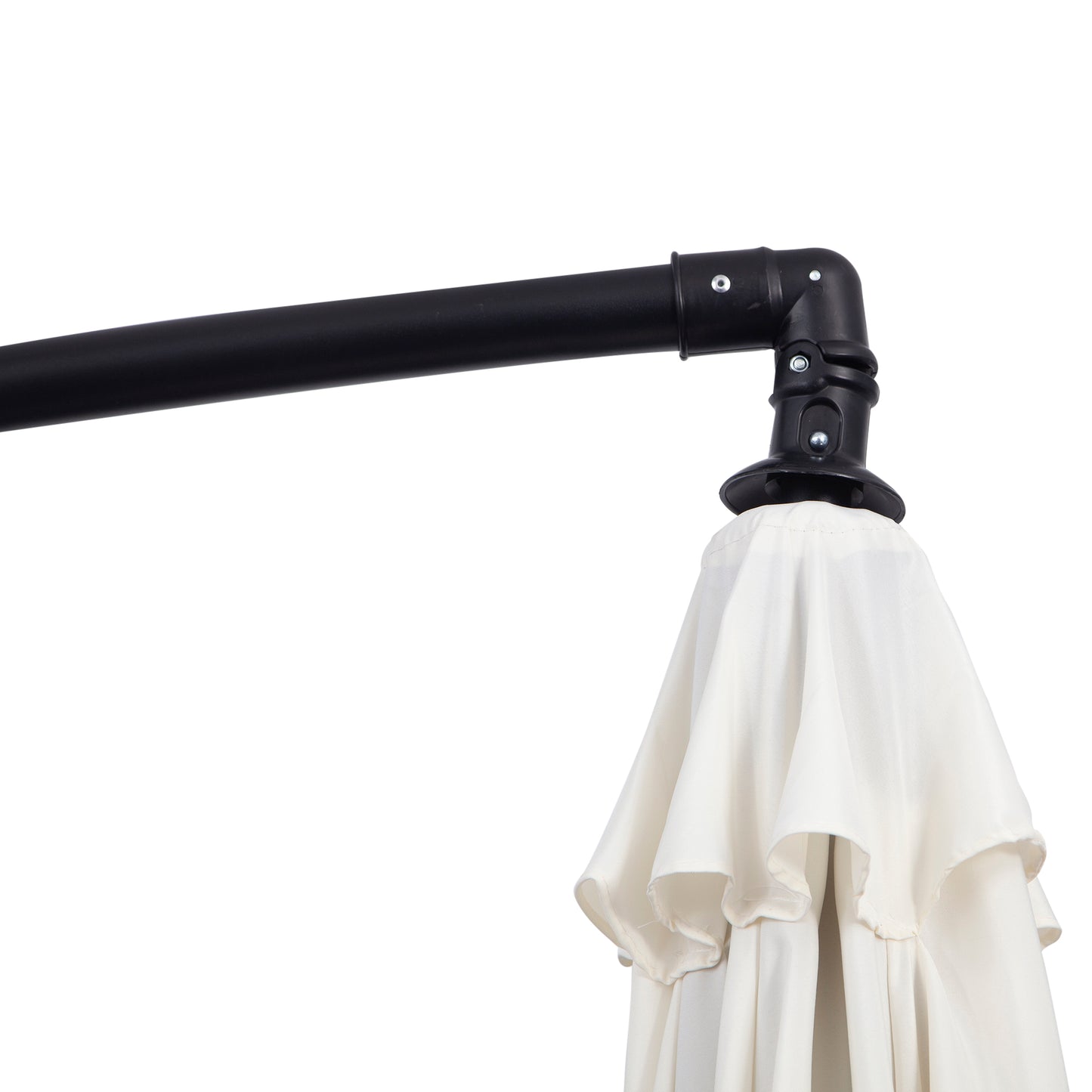White umbrella with a black metal stand on a white background