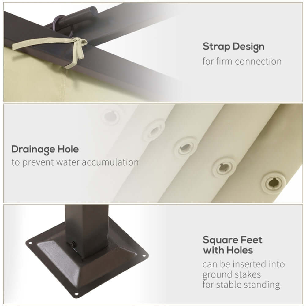 Product features with strap design, drainage hole, and square feet with holes on a white background.