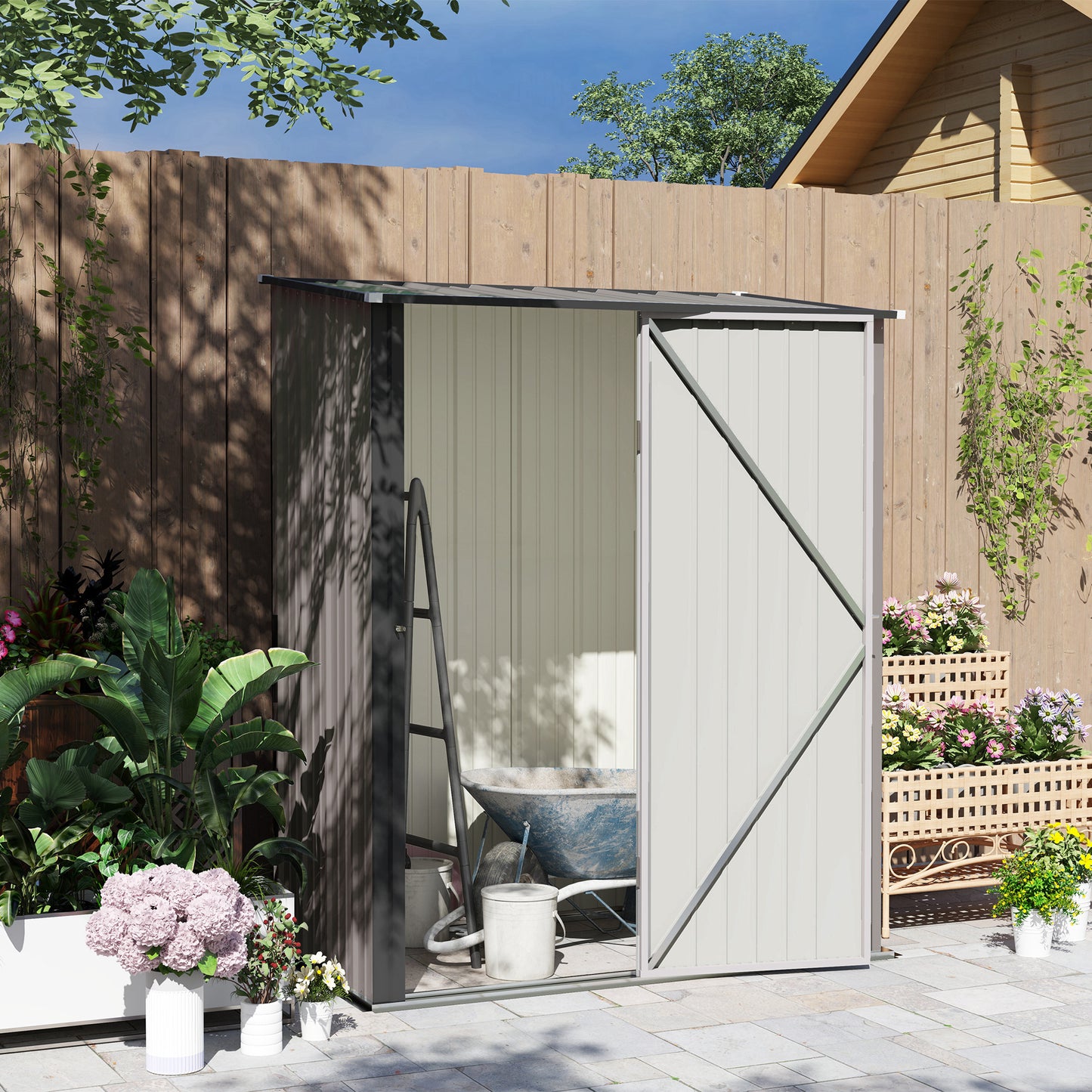 Metal garden shed with doors open