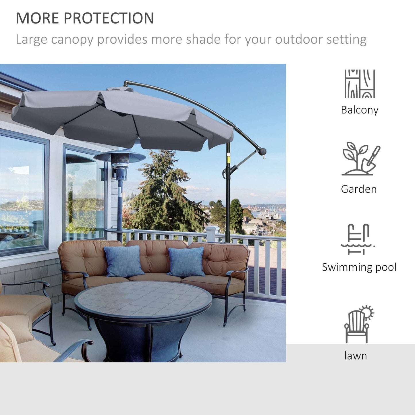 Outdoor patio setting with a large canopy providing shade, surrounded by furniture and decor.