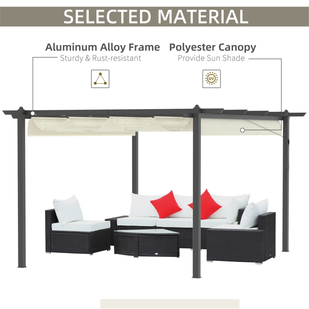 Outdoor patio set with canopy featuring metal alloy frame and polyester canopy.