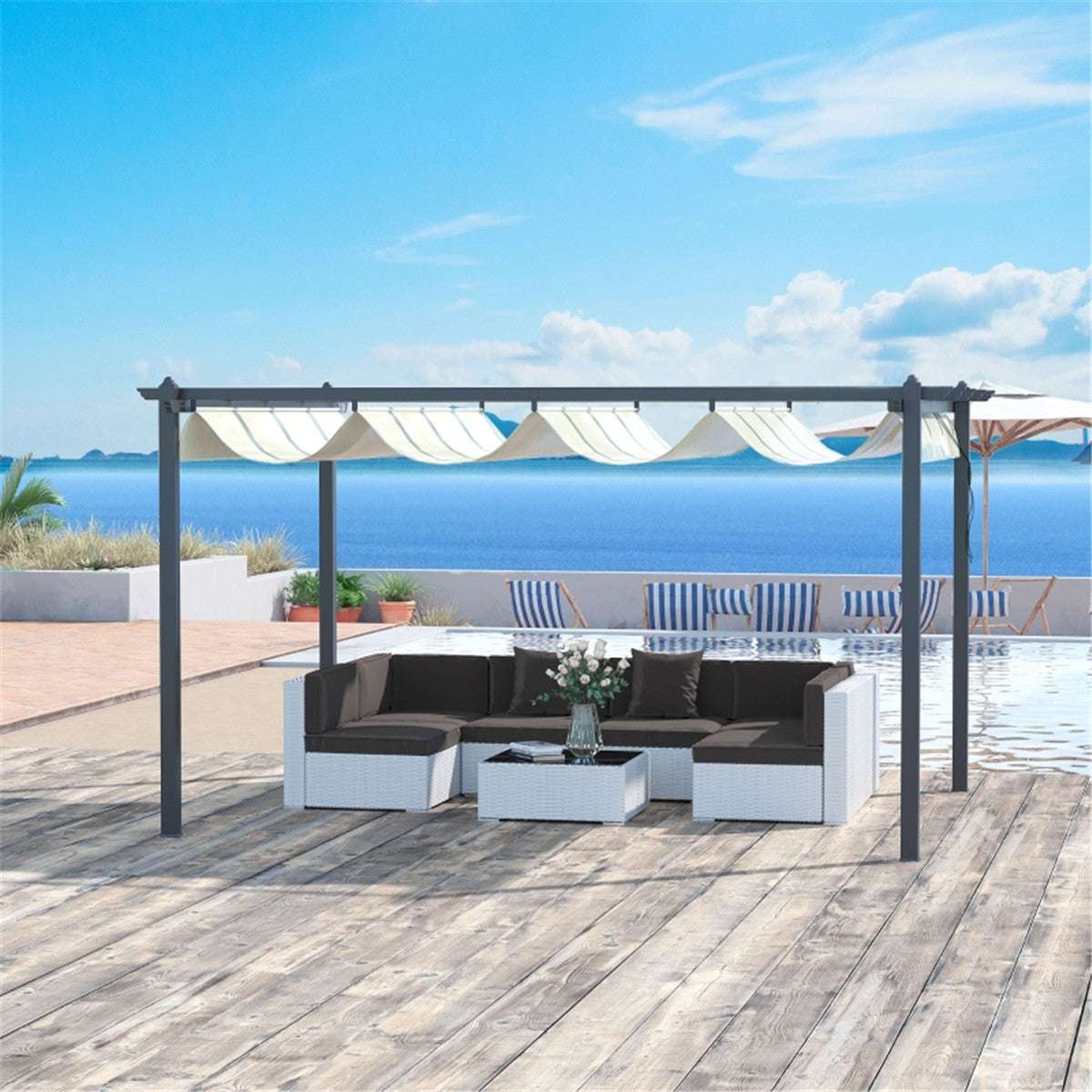 Outdoor patio set with pergola and pool in the background