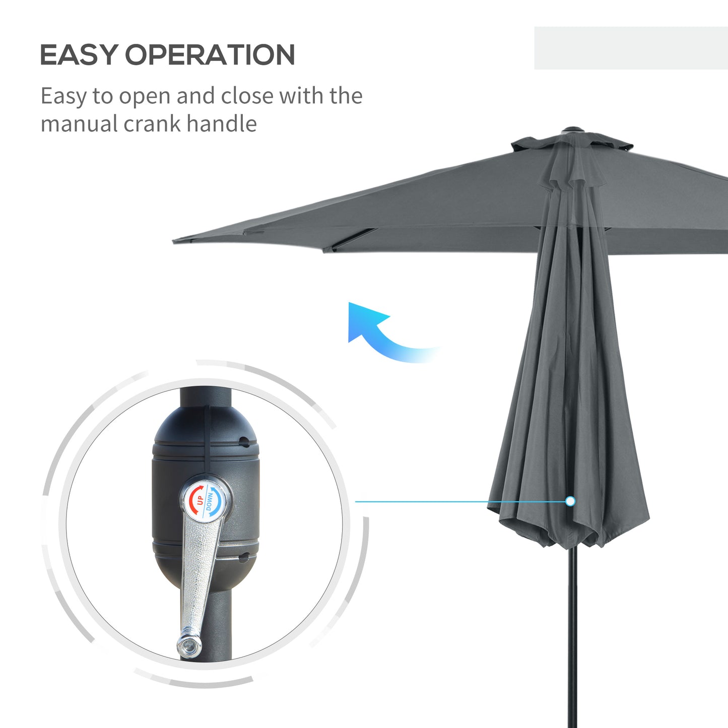 Grey outdoor umbrella with manual crank handle on a white background