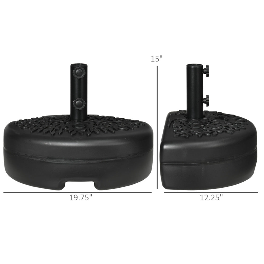 Two black patio umbrella stands with measurements on a white background