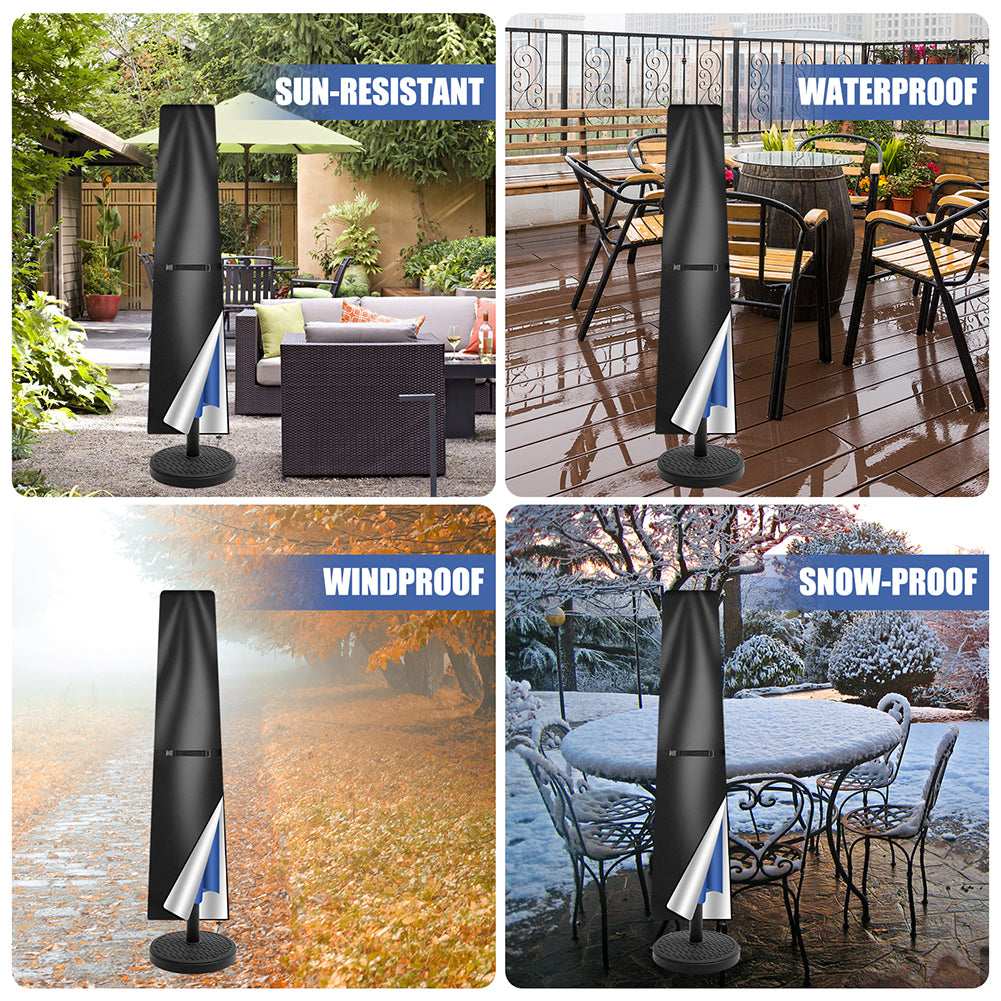 Collage of a sun-resistant, waterproof, windproof, and snow-proof umbrella stand in various outdoor settings.