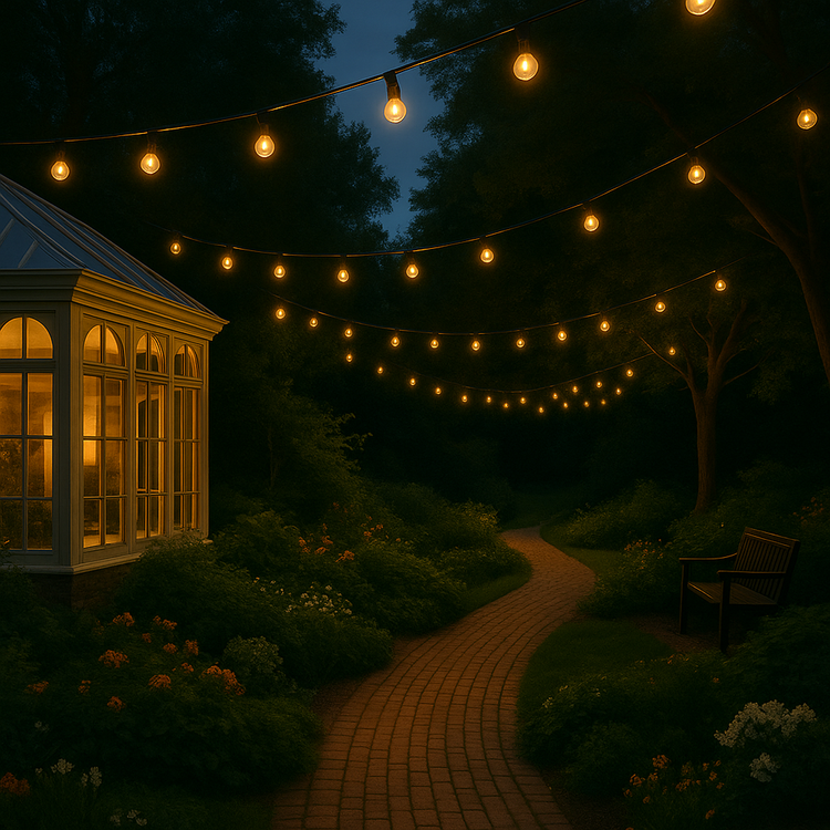 string lighting over the garden at dusk