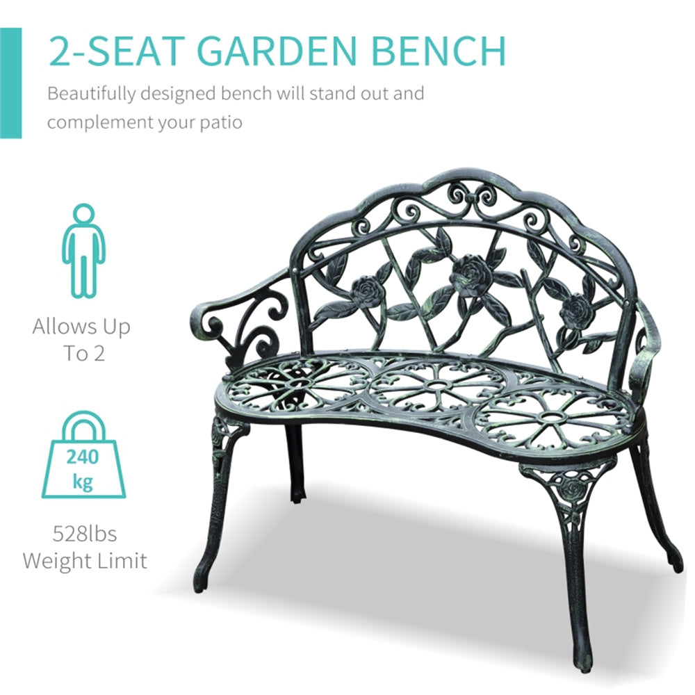 2-seat garden bench with decorative design on a white background