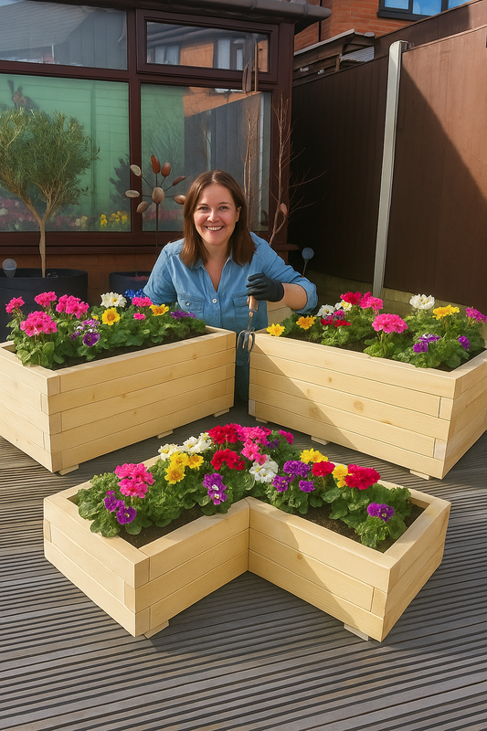 Woman gardening with wooden planters filled with colorful flowers on a deck.