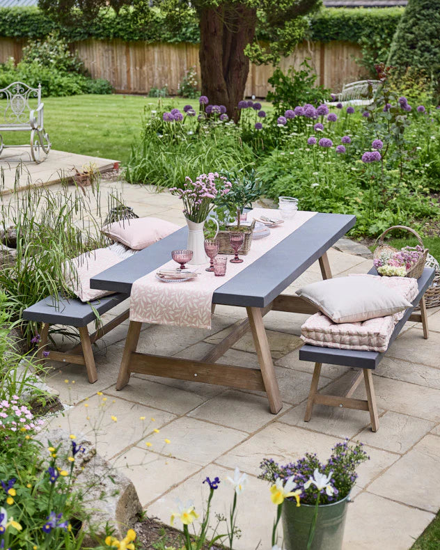 Outdoor patio set with a table and 2 benches.