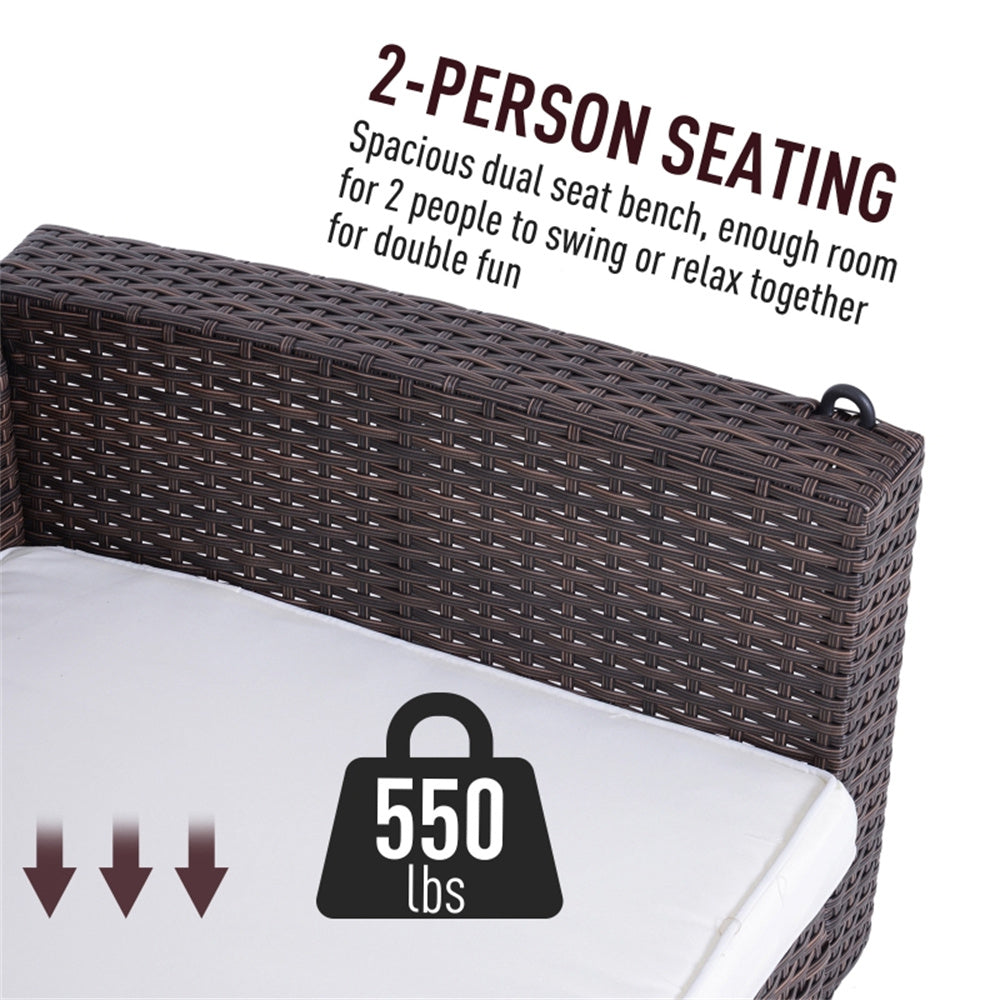 Wicker bench with cushion and text indicating 2-person seating capacity and weight capacity.
