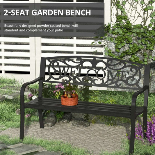 2 seat garden bench powder coated and saying WELCOME