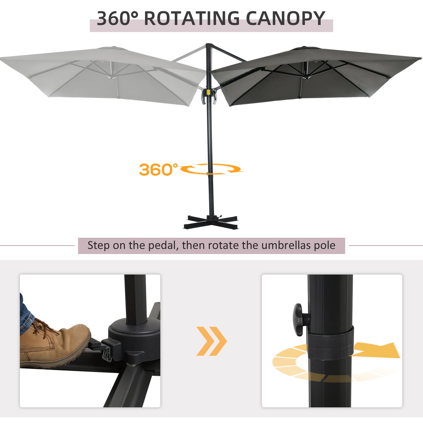 360-degree rotating patio umbrella with instructions on how to use it.