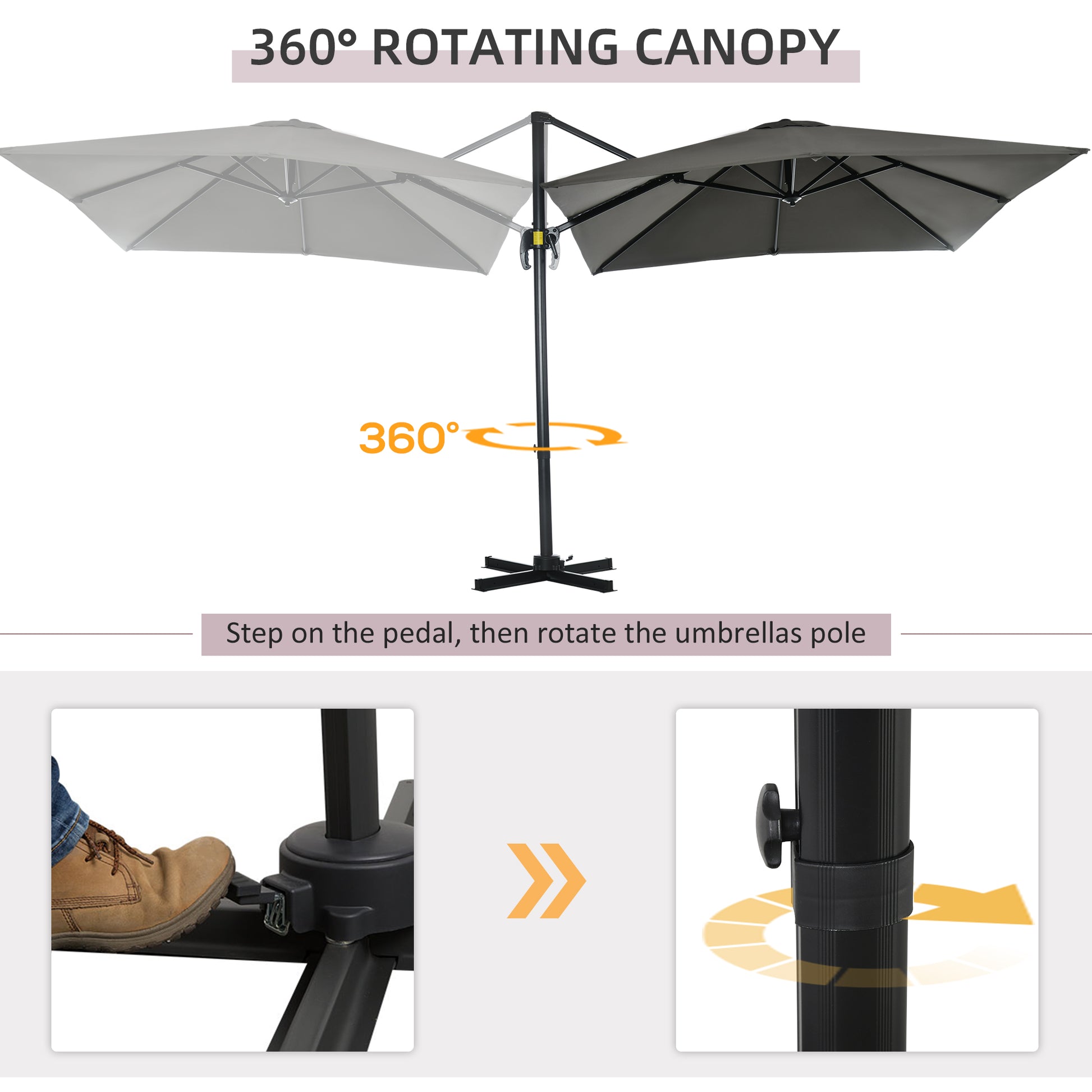 360-degree rotating patio umbrella with instructions on how to use it.