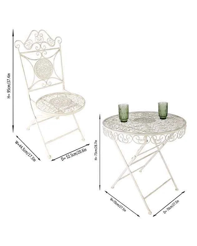 White metal chair and table bistro set with dimensions 