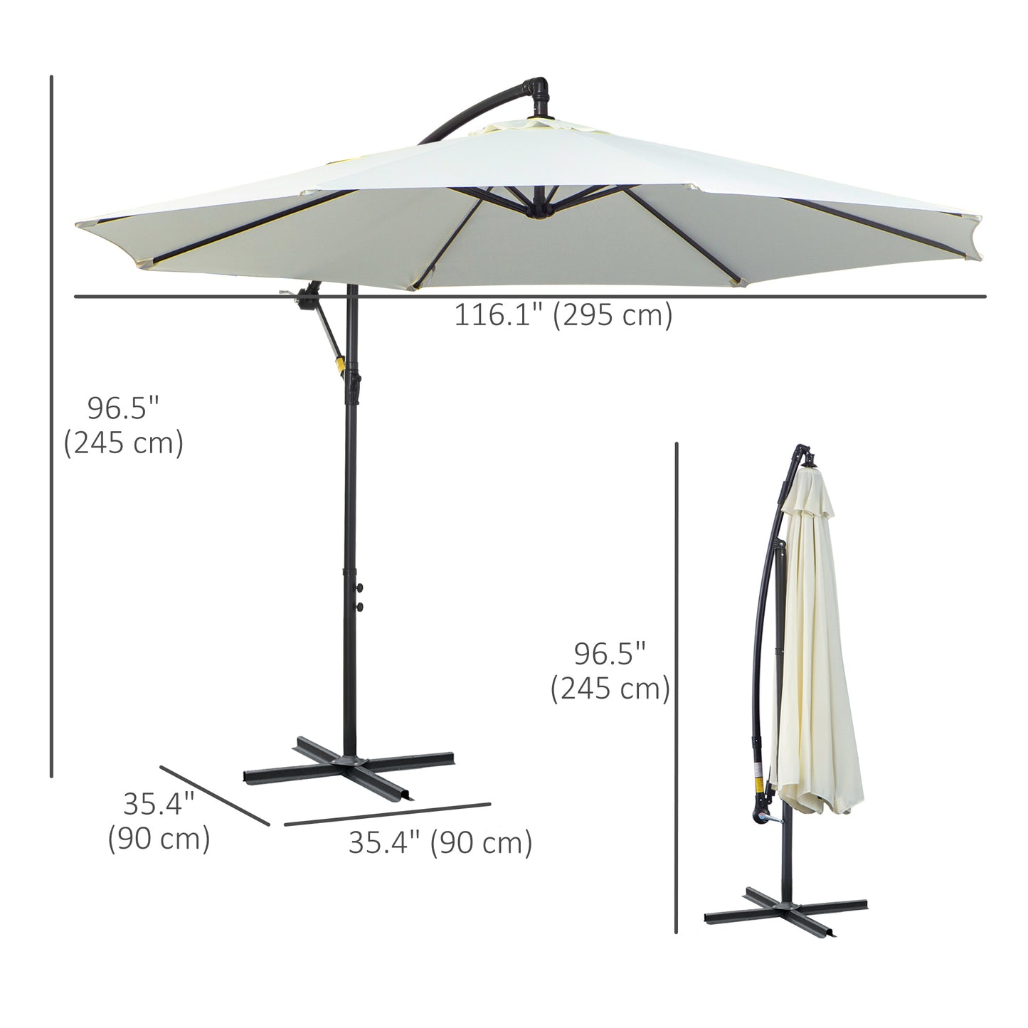 Measurement chart of a patio umbrella with stand on a white background