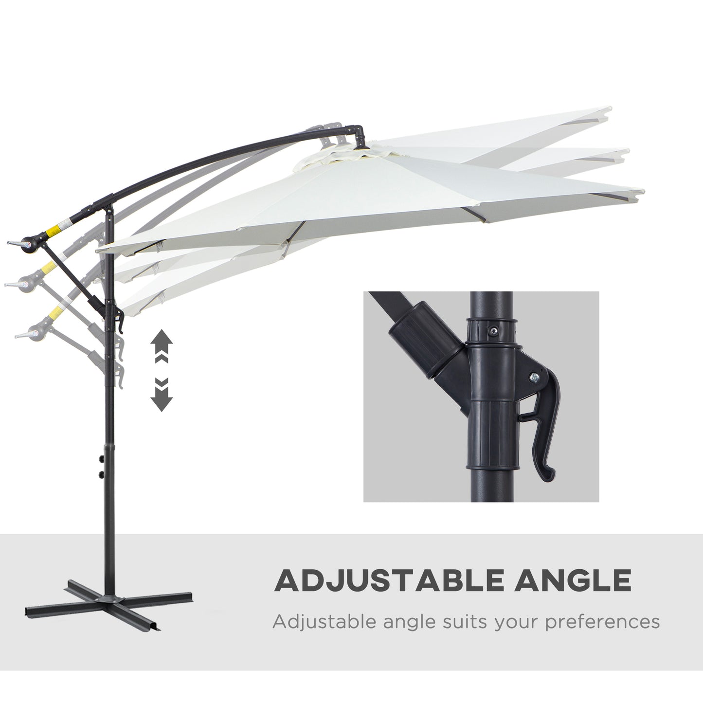 White patio umbrella with adjustable arm on a white background
