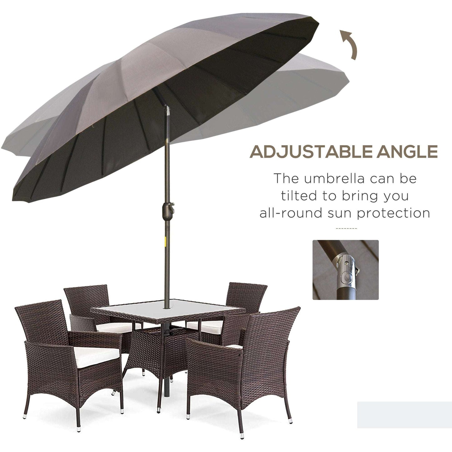 Outdoor furniture set with a large adjustable umbrella on a white background