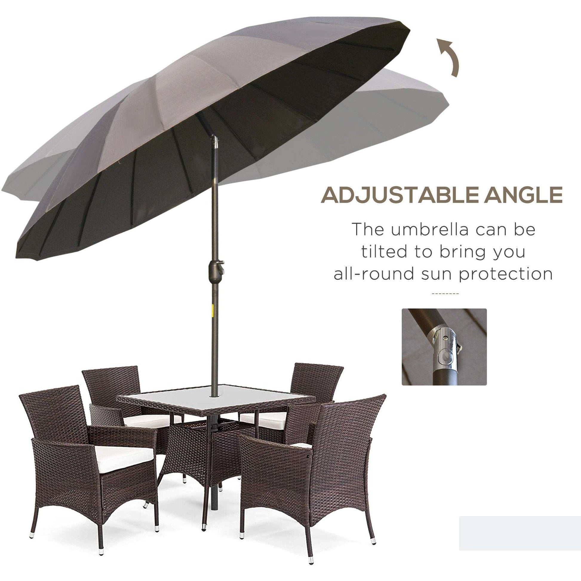 Outdoor furniture set with a large adjustable umbrella on a white background