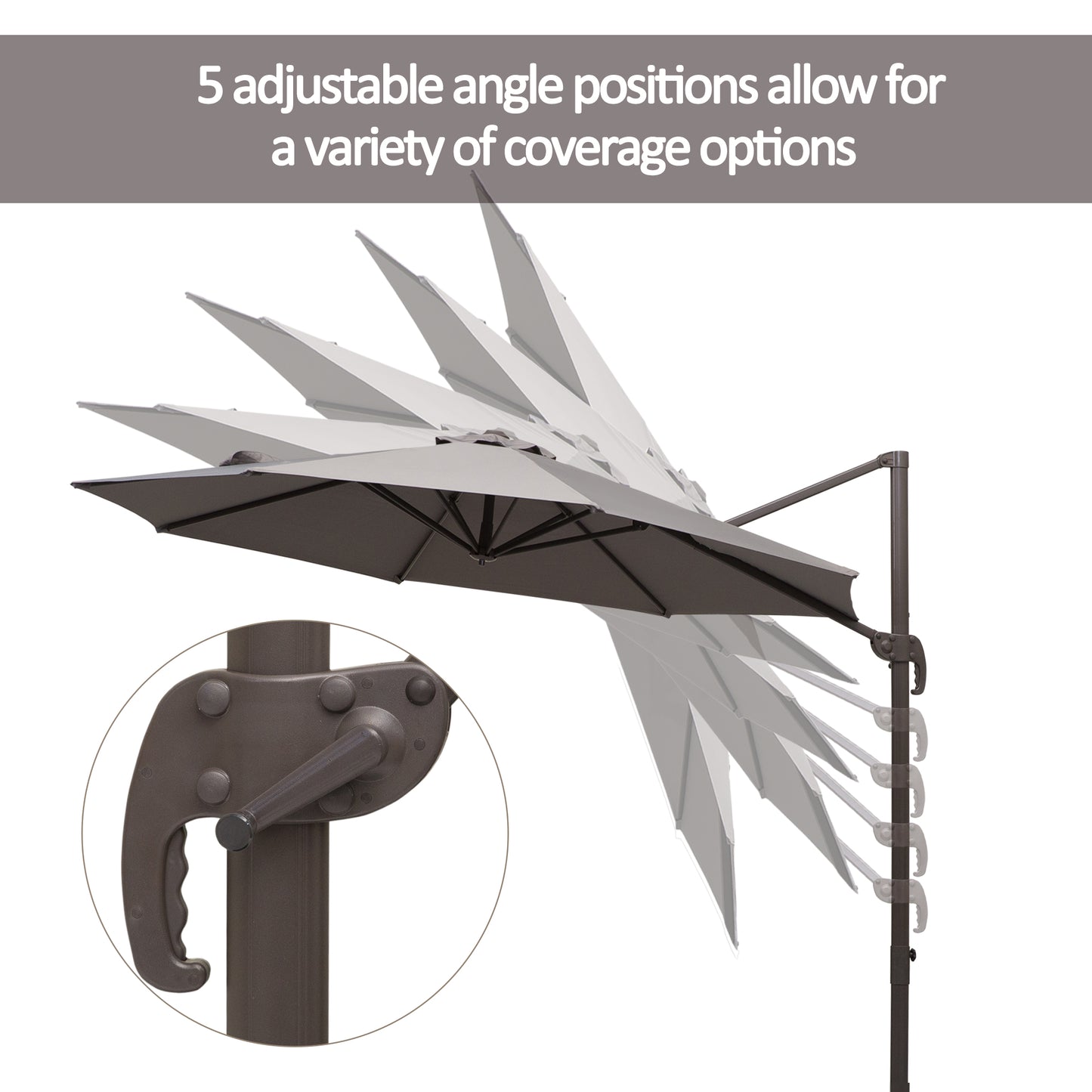 Adjustable patio umbrella with a grey canopy and black frame, showing five adjustable angle positions.