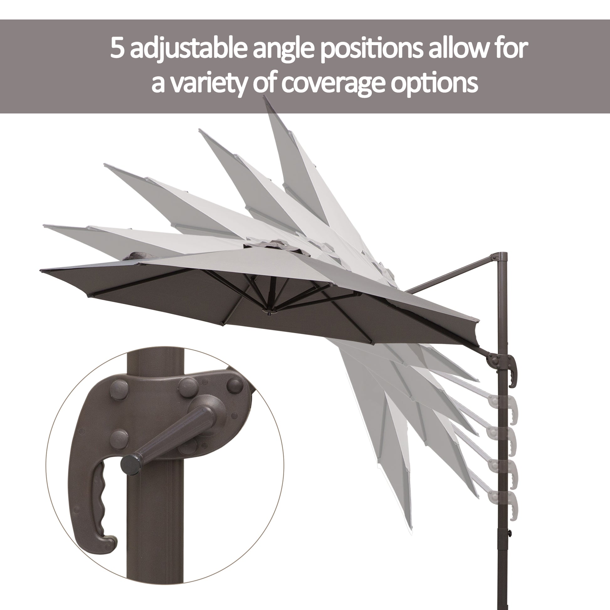 Adjustable patio umbrella with a grey canopy and black frame, showing five adjustable angle positions.