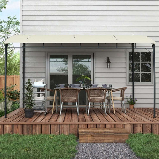 Outdoor deck with wooden furniture, table, chairs, and a grill under an awning.