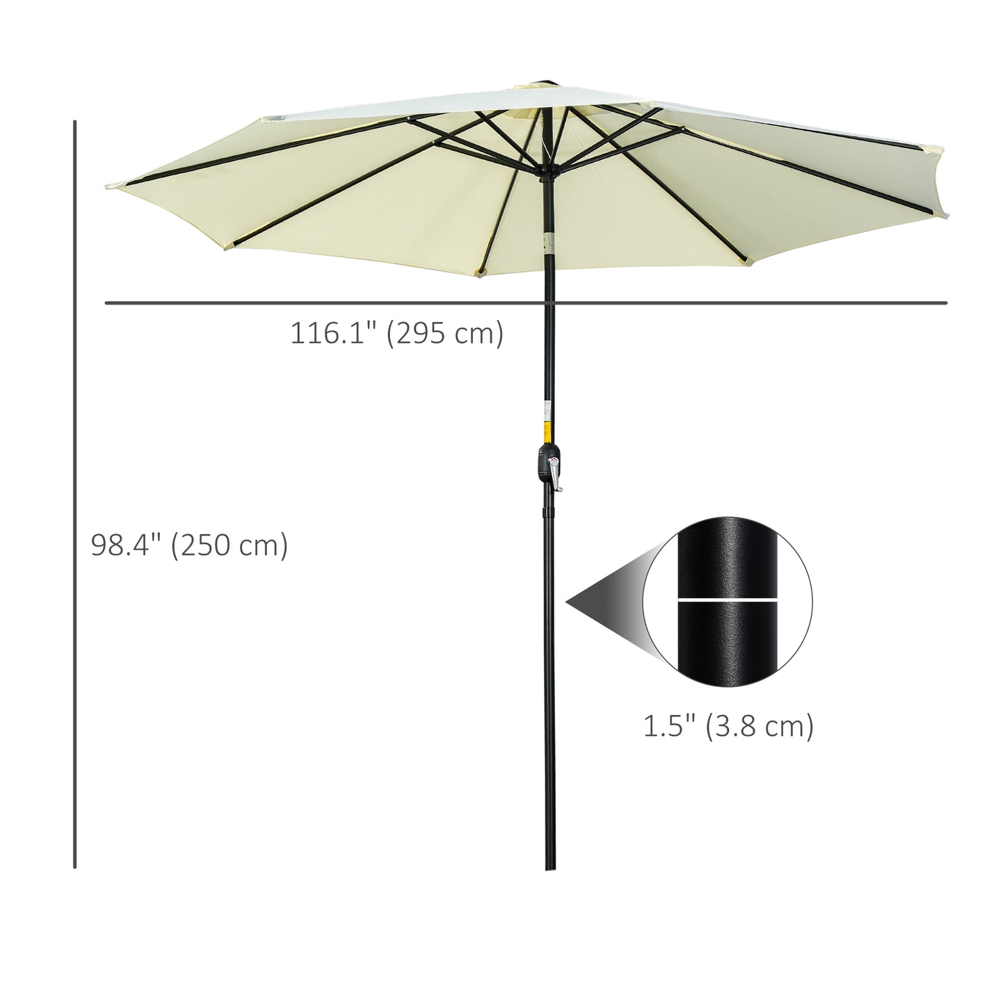 Beige patio umbrella with measurements on a white background