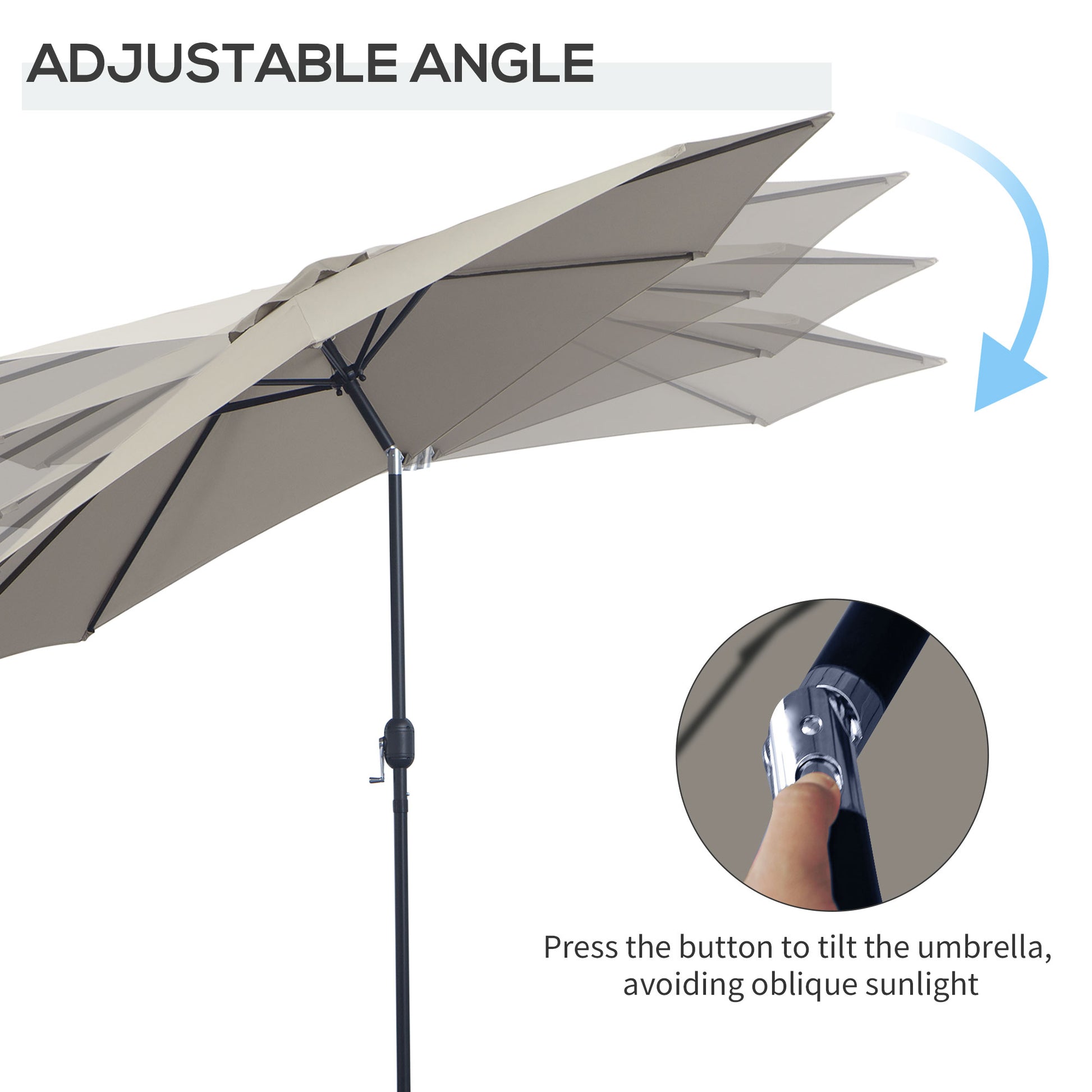 Beige patio umbrella with adjustable angle feature on a white background