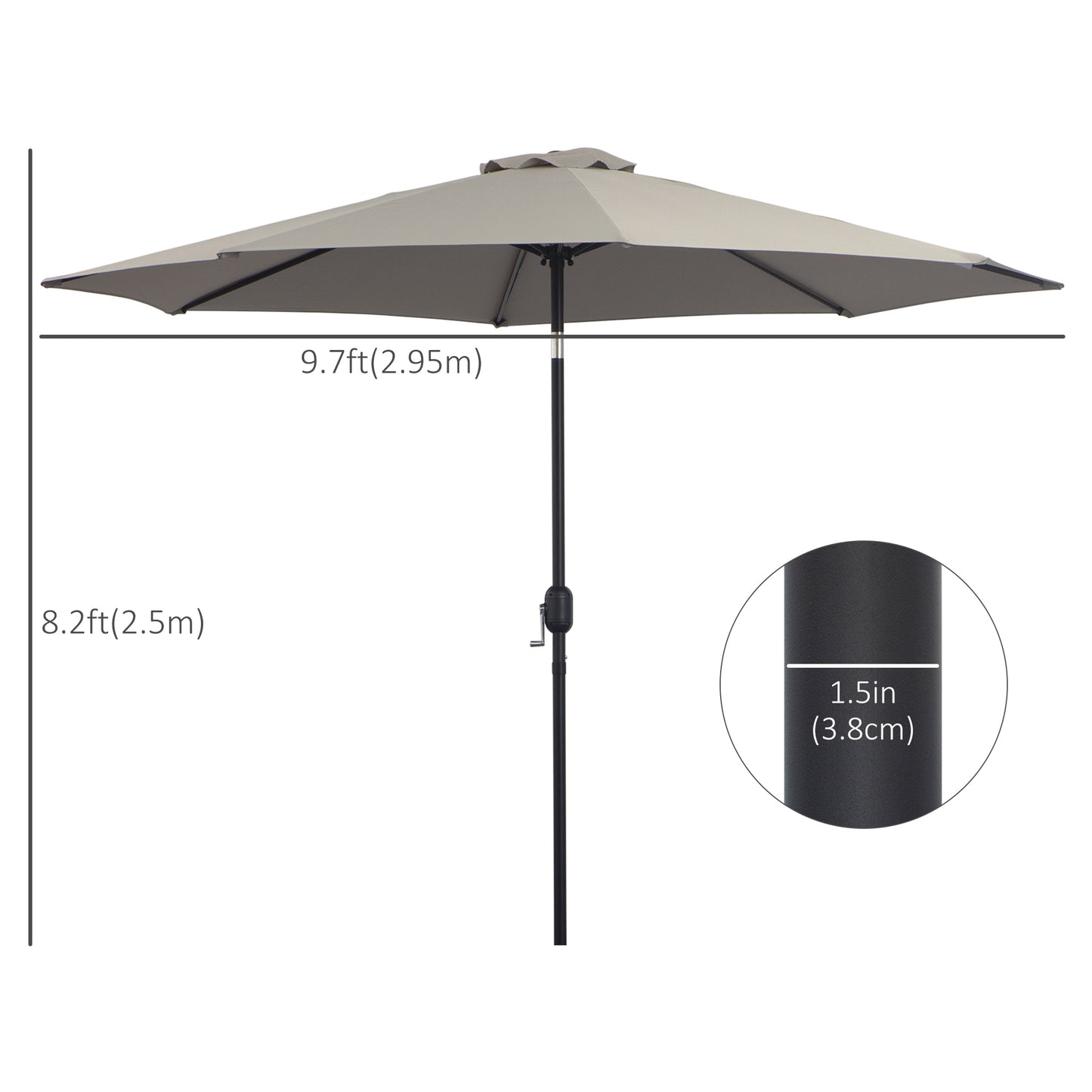 Beige patio umbrella with dimensions on a white background