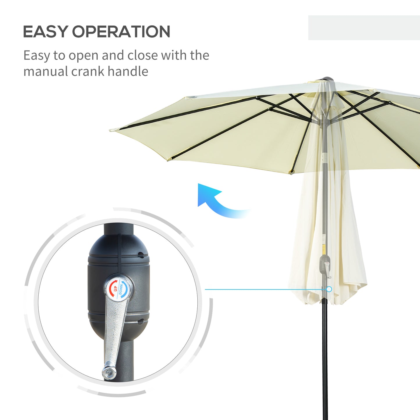 Beige patio umbrella with manual crank handle on a white background