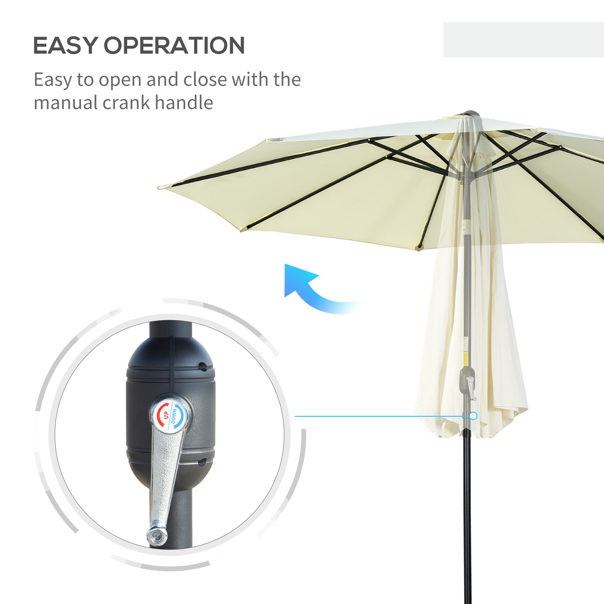 Beige patio umbrella with manual crank handle on a white background