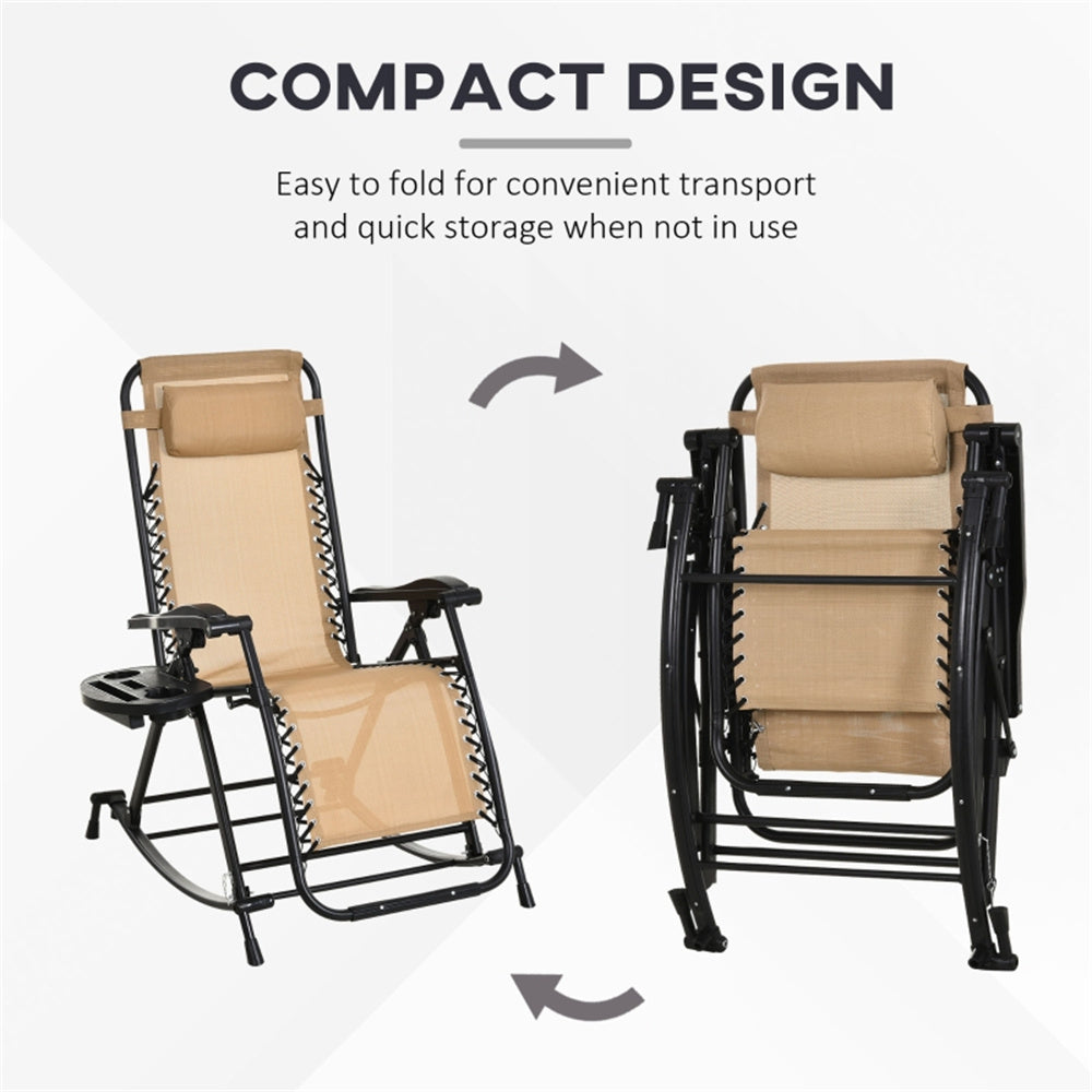 Beige recliner chair shown in two states: unfolded and folded for transport.