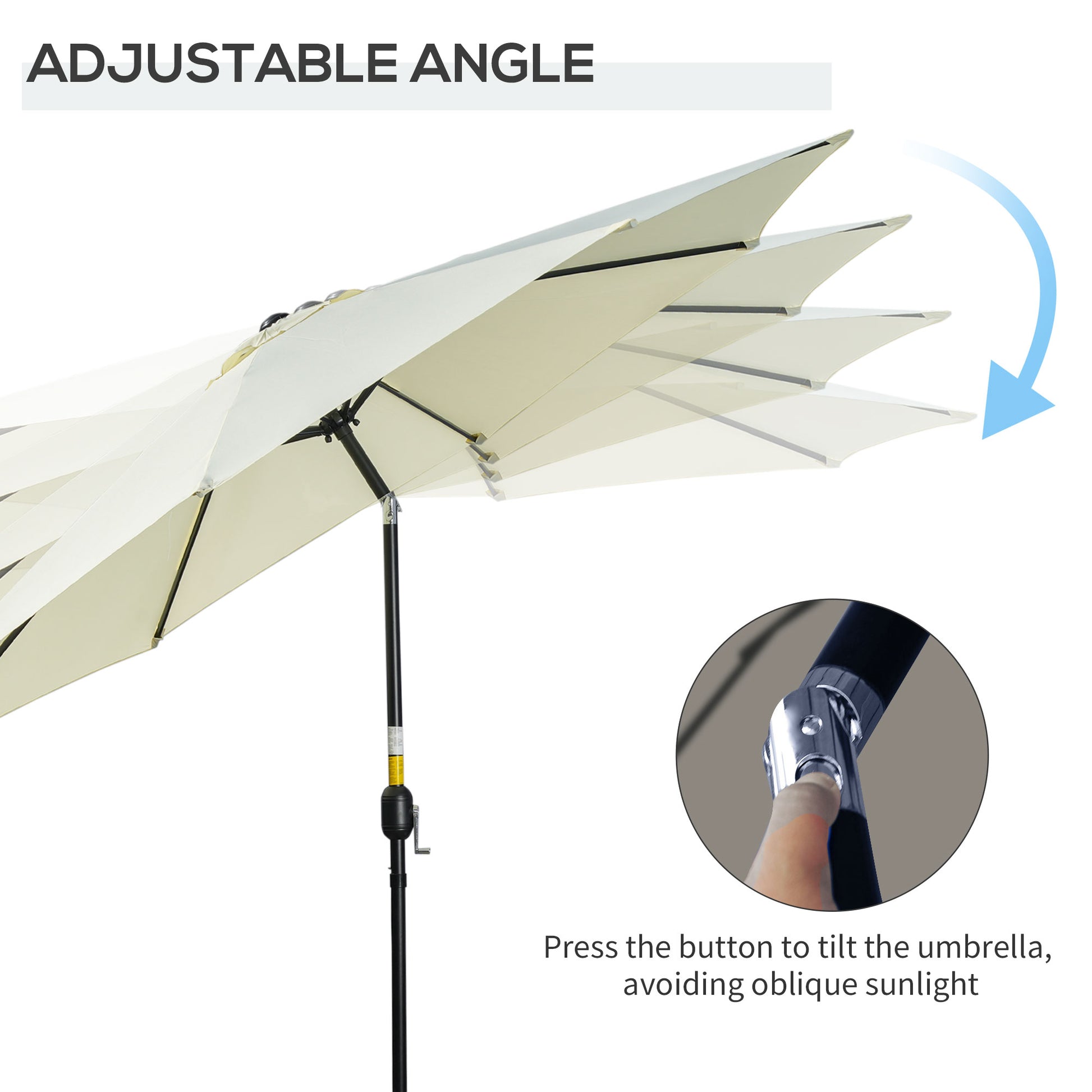 Beige umbrella with adjustable angle feature and close-up of button mechanism.