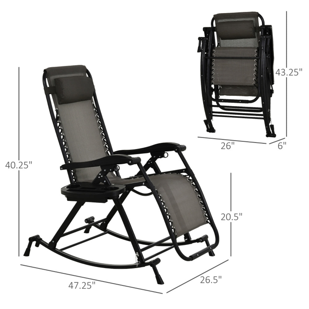 Black and grey recliner chair with dimensions on a white background