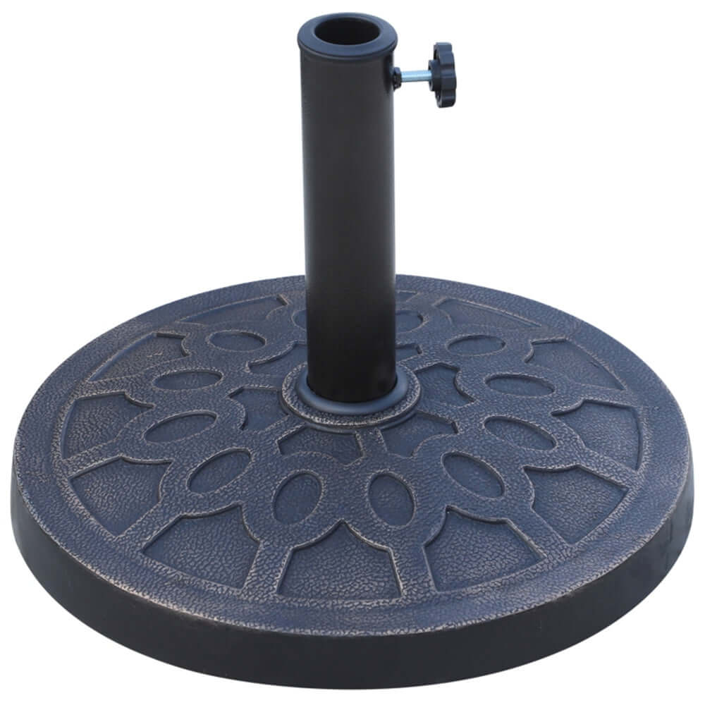 Black patio umbrella base with decorative pattern on a white background