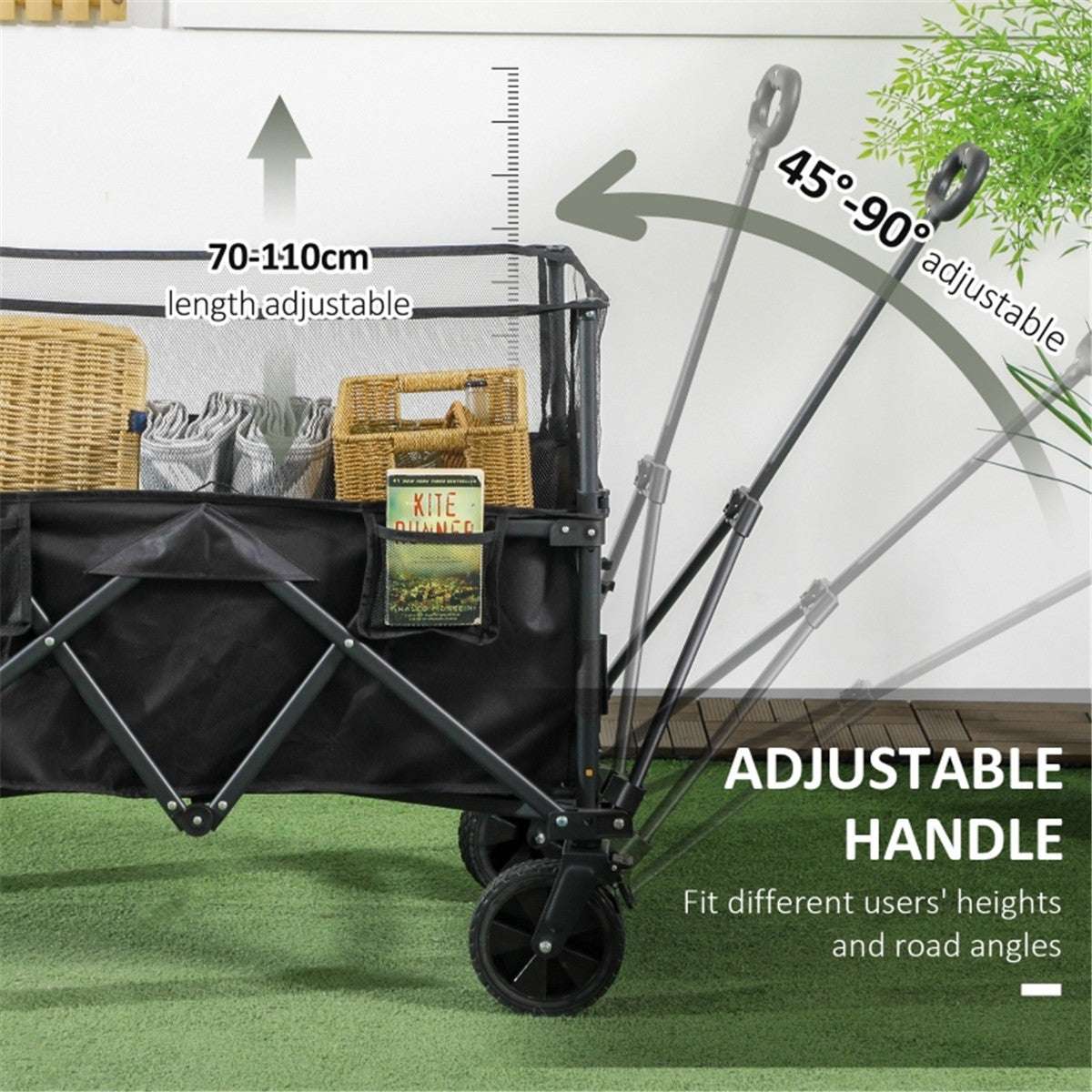 Black folding cart with adjustable handle on a green surface, featuring measurements and text.