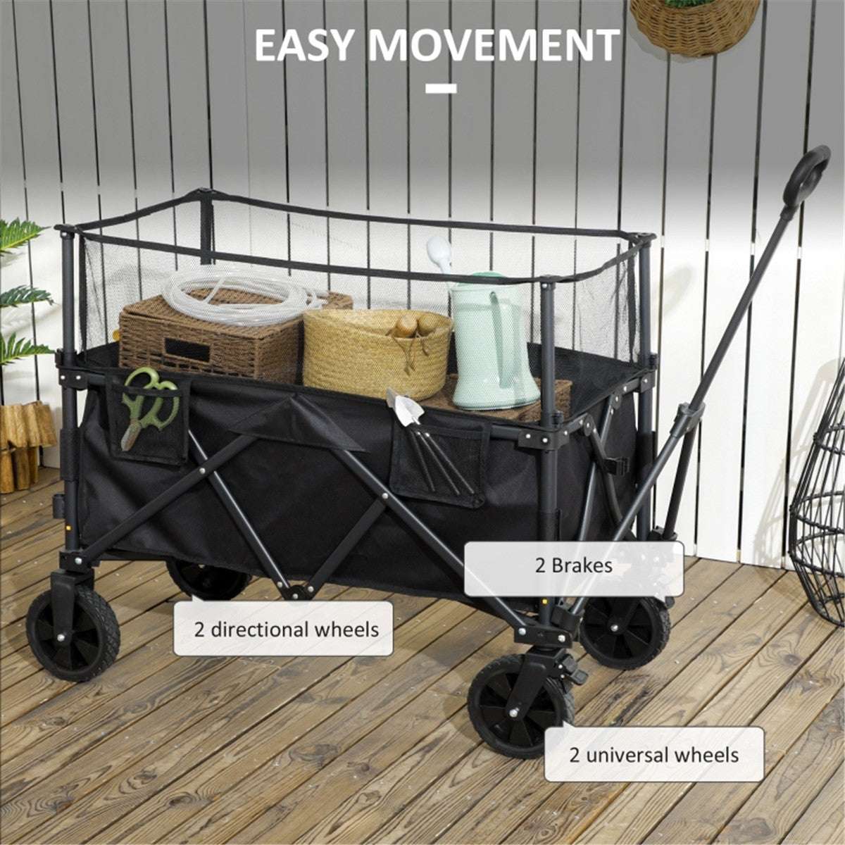 Black folding cart with features highlighted on a wooden deck