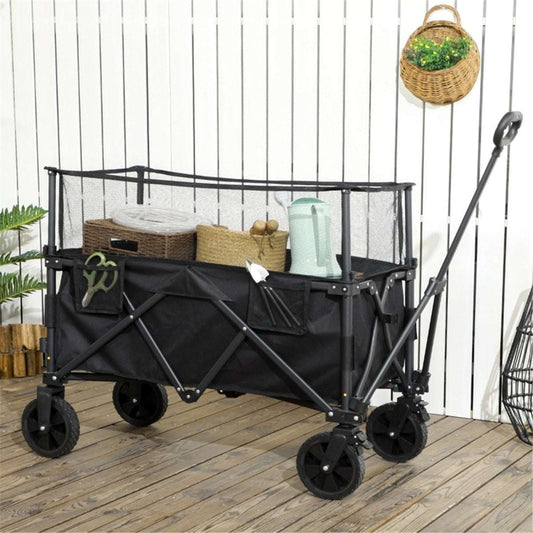 Black folding wagon with black cover on a wooden deck