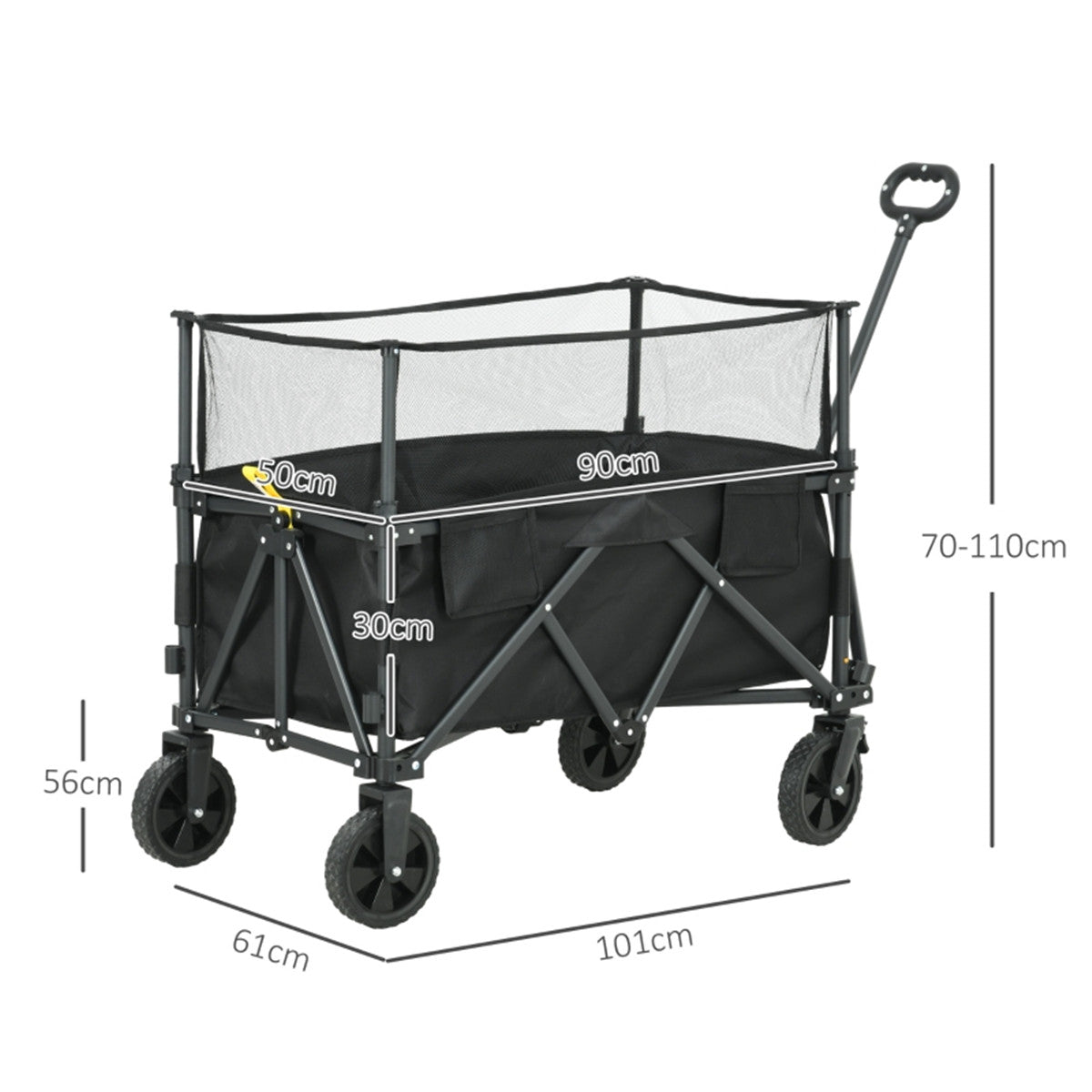 Black folding wagon with measurements on a white background